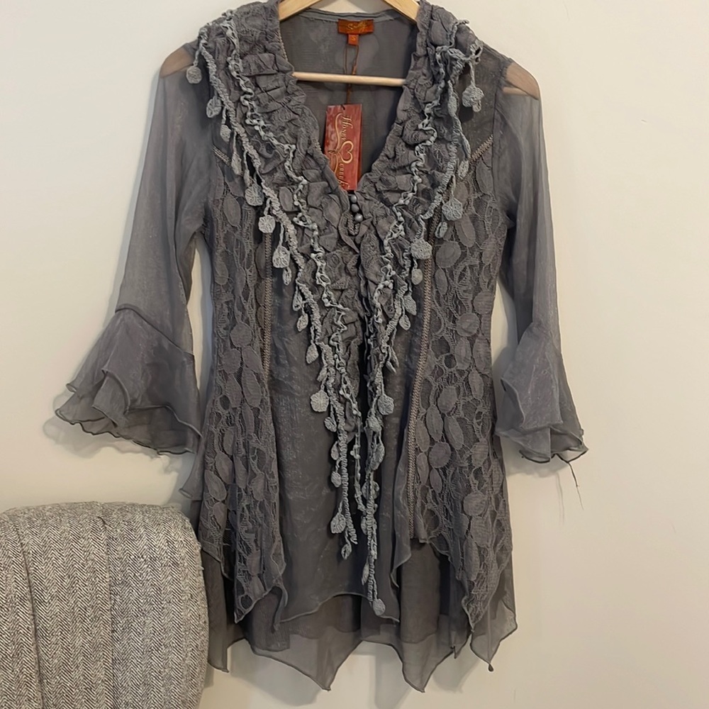 NWT Scully sheer Western crochet lace bell tunic sleeve blouse
